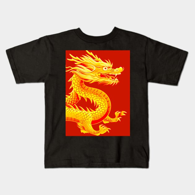 Chinese Golden Dragon on a Lucky Red Background 2: Chinese New Year, Year of the Dragon on a Dark Background Kids T-Shirt by Puff Sumo